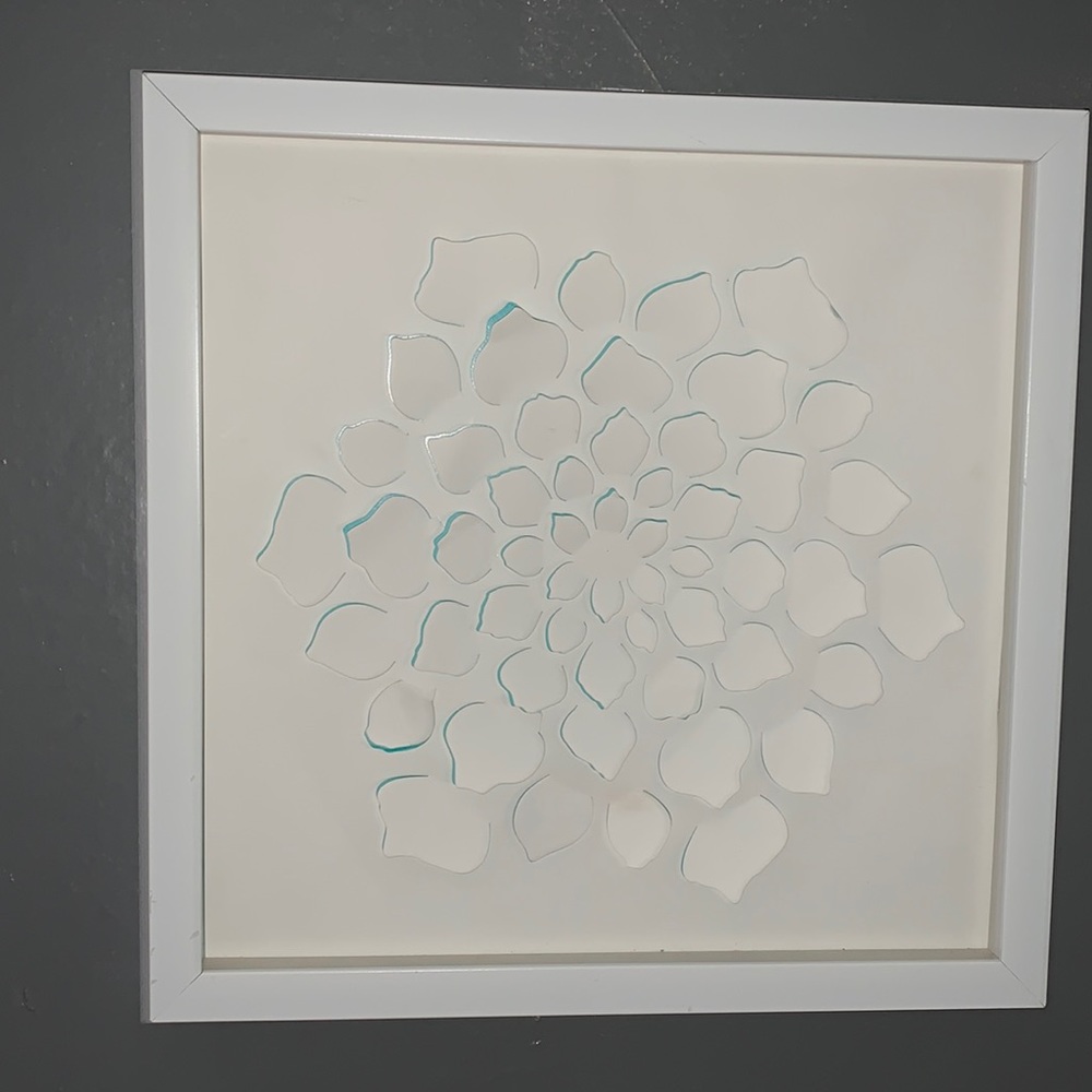 Raised 3D White flower art with teal blue peakaboo colors